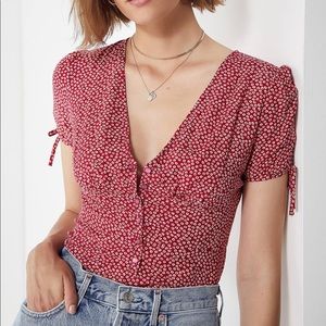 Urban Outfitters: Red Button Down Tie Sleeve Blouse [Size: Small]